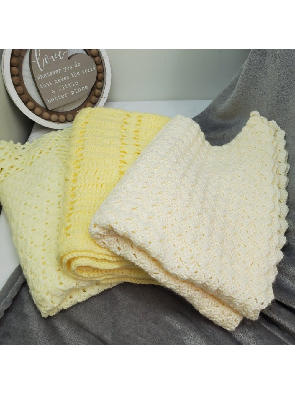 Handmade Crochet Baby Afghan Blanket Yellow Swaddle Lot of 3 Blankets Cottage